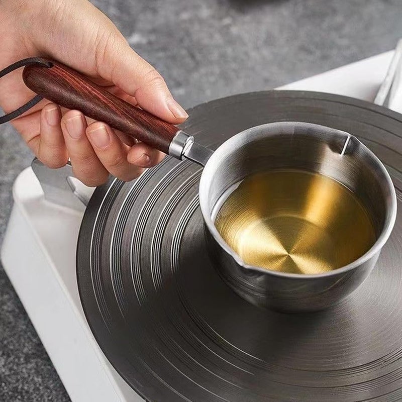 304 Stainless Steel Butter Warmer Pot With Wooden Handle 300ML Mini Milk Oil Soup Heater - Image 4